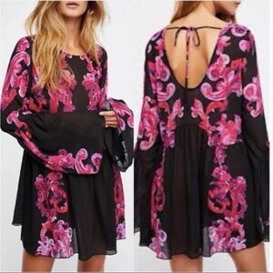 Intimately Free People Women’s Tunic XS Printed Symphony Black Pink Sheer Boho